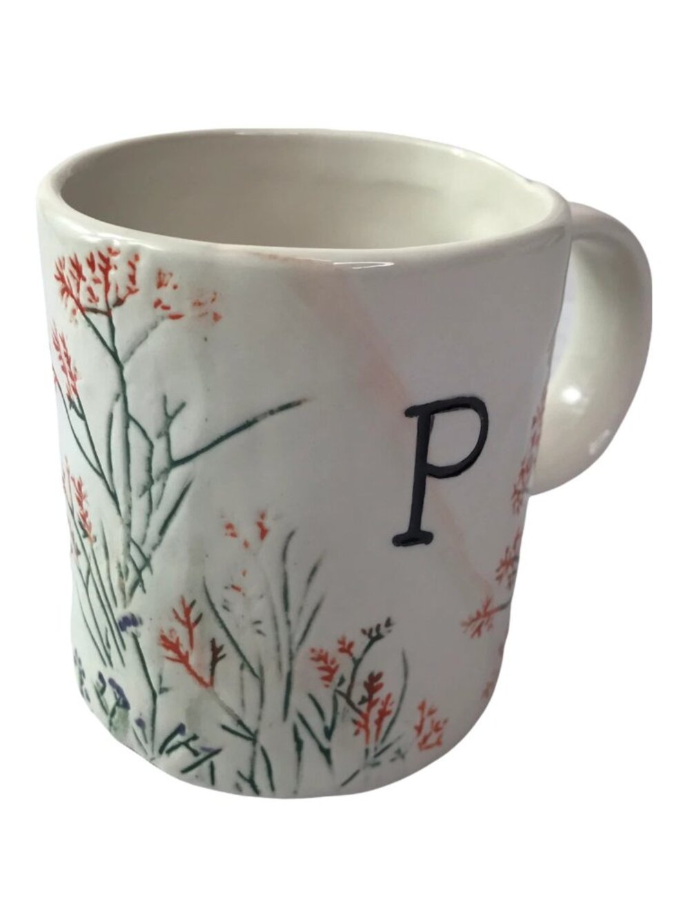 ANTHROPOLOGIE Ceramic Mug Cup White Flowers Floral Pattern "P" Monogram Letter